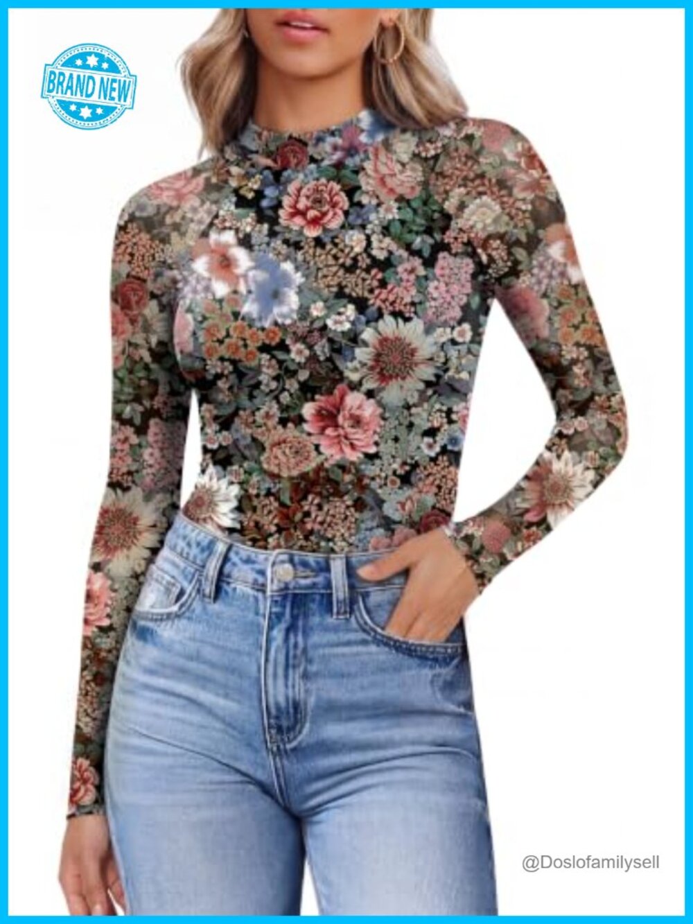 Women's Long Sleeve Lace Mesh Sheer Blouse Mock Neck Slim Fit
